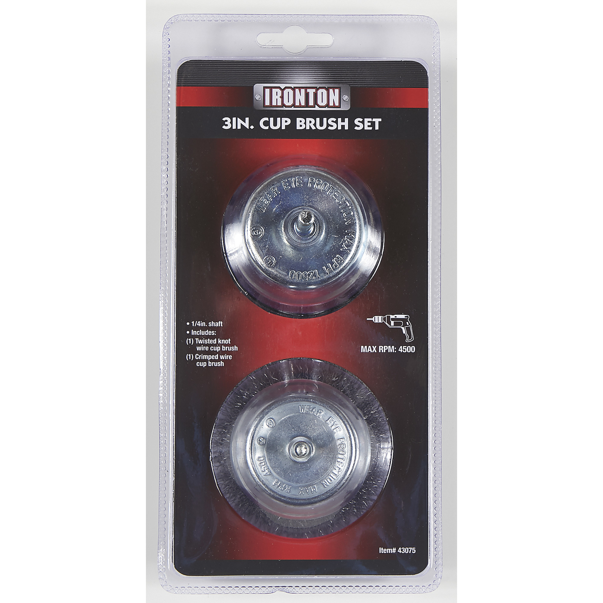 Ironton 3in. Cup Brush Set, 2-Pc., 1/4in. Shaft, Drill-Mounted Wire Brushes